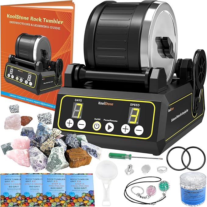 C1 Rock Tumbler Kit - Professional Large 2.5LB Capacity, Up to 5X More Noise Cancelling, Adjustable Timer & Speed with Full Accessories & Memory Function
