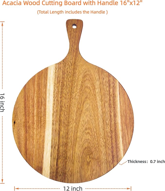 ZeQi Round Acacia Wood Cutting Board with Handle 16''x12'' /Charcuterie Board/Pizza Board/Serving Board for Cheese, Bread, Vegetables & Fruits (Round)