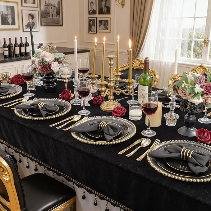 KIRE 200Pcs Black Plastic Plates - Black and Gold Plates Disposable for Party - Include 100 for Dinner and 100 for Dessert for Birthday/Wedding