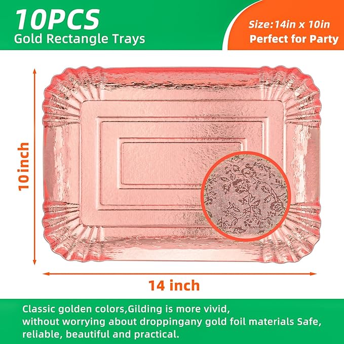10 PCS Rose Gold Rectangle Trays, Heavy Duty Disposable Paper Cardboard for Platters, for Elegant Dessert Table Serving Parties, Cupcake Display, Birthday Party, Christmas, Valentines Day Weddings