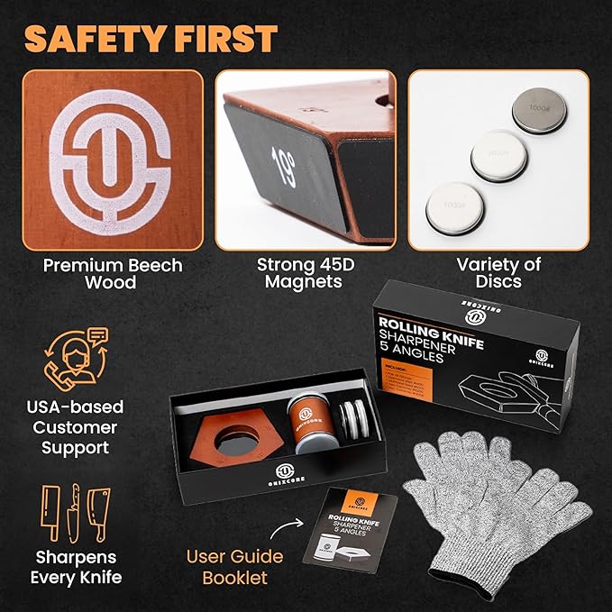 Rolling Knife Sharpener Kit, Magnetic 5-Angle Base 12° 15° 17° 19° 22°, 4 Grit Discs (400# 1000# Diamond, 1000# 3000# Ceramic), Precise for Fine Cutting, Gloves for Protection, Knife Sharpener