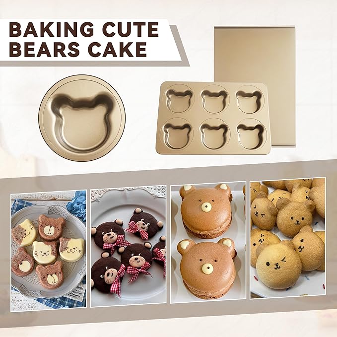 6 Cavity English Muffin Pans, Bear-Shaped Donut Mold Cake Pan, Straight Side English Muffin Cupcake Pan with Lid, Non-Stick Madeleine Doughnut Pans for Bear Cake Decoration