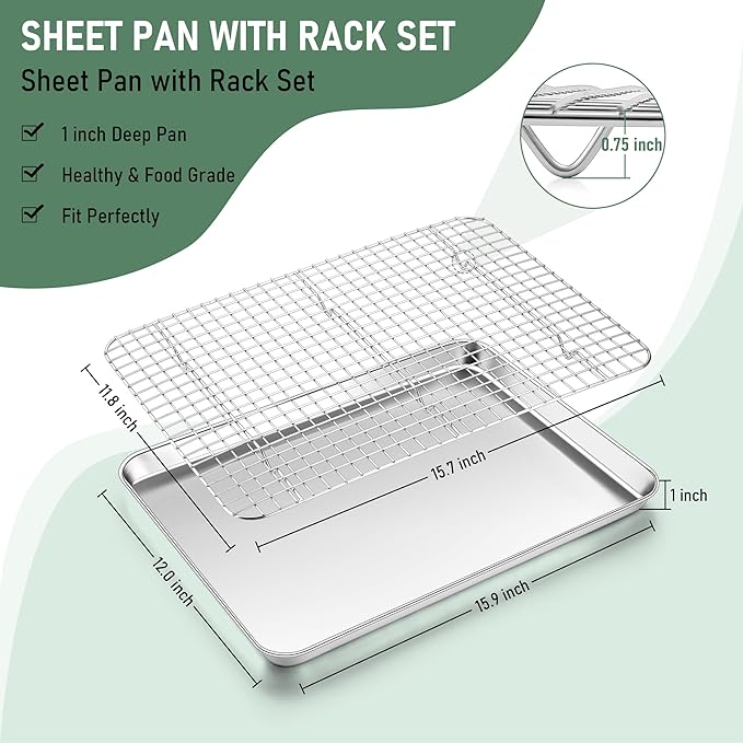 Baking Sheet with Wire Rack Set (1 Pan+1 Rack), Homikit 16" x 12" Stainless Steel Cookie Bacon Pan for Oven, Nonstick Jelly Roll Pan Baking Tray with Grid Cooling Rack for Cook Roast, Dishwasher Safe