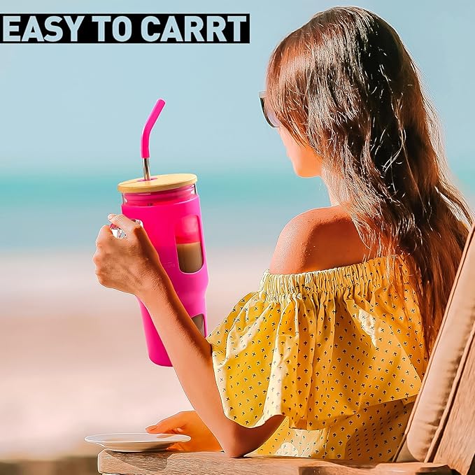 Glass Tumbler with Straw & Lid, 32 oz Glass Cup with Handle, Water Bottle with Time Marker - Pearl Straw & Silicone Protective Sleeve - Rose Red