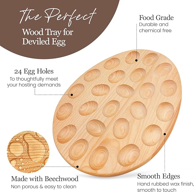 Namre' Deviled Egg Tray Wooden Holder for 24 Eggs – Reversible Oval Platter & Charcuterie Board, Easter Deviled Egg Carrier Serving Tray with Recipes, Holiday Entertaining