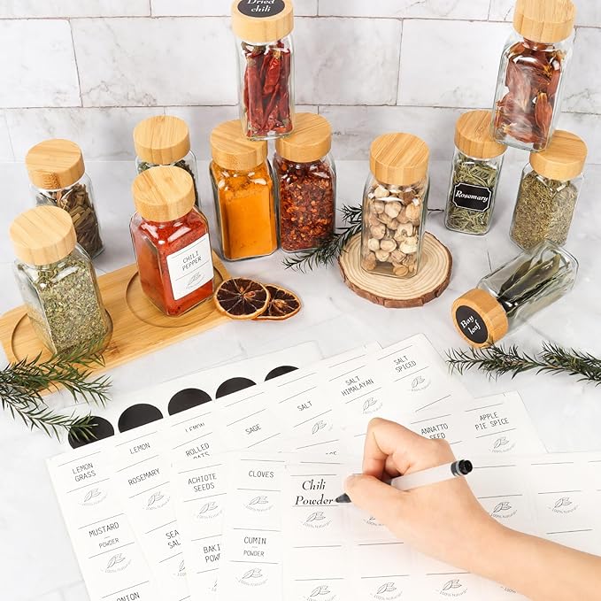 4 oz Glass Spice Jars with Bamboo Lids,16 Pack Spice Containers with Labels and Shaker Lids,120ml Seasoning Containers Empty Spice Jars for Kitchen Storage