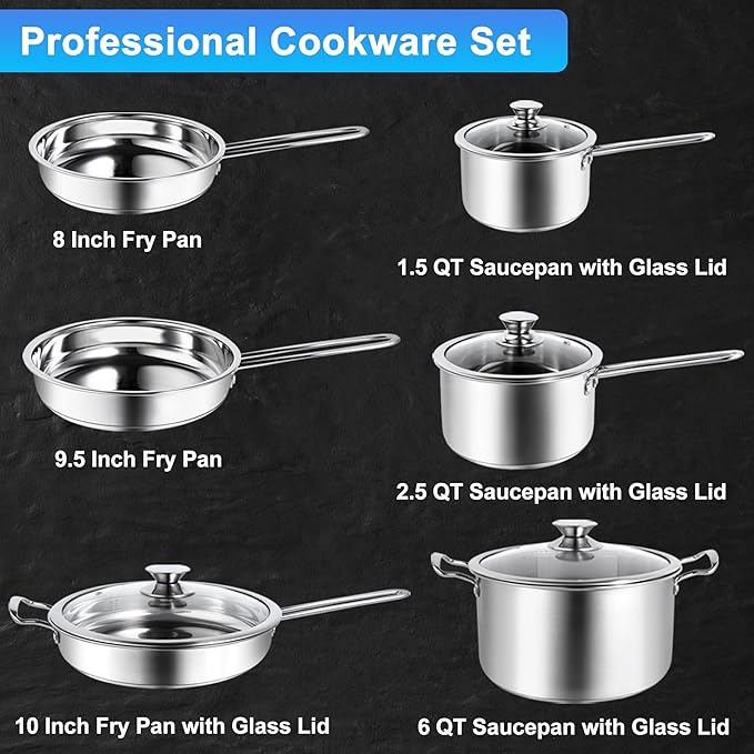10-Piece Stainless Steel Pots and Pans Set, Induction Cookware Sets with Glass Lids, Professional Non-Toxic Cooking Set, Frying Pans & Saucepans, Dishwasher Safe, Oven Safe All Stovetops