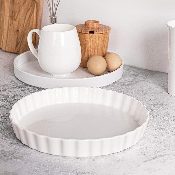 DELLING Set of 2 Ceramic Tart Pans, 9.5 inch Quiche Pan, Fluted Edge Quiche Baking Dish/Pie Pan, Perfect for Baking Tart Pies and Chicken Pot Pie, Cheesecake, Creme Brulee, Round, White