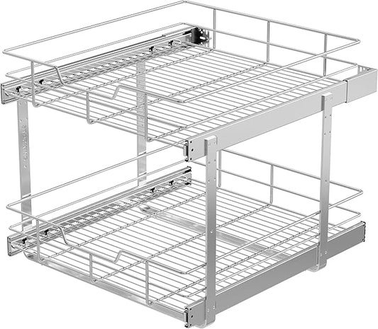 2 Tier Pull Out Cabinet Organizer 20" W X 22" D, Slide Out Drawers For Kitchen Cabinets, Pull Out Drawers For Cabinets Capacity Heavy Duty Caddy, Cabinet Pullout Shelves Chrome-Plated,Bathroom Pantry