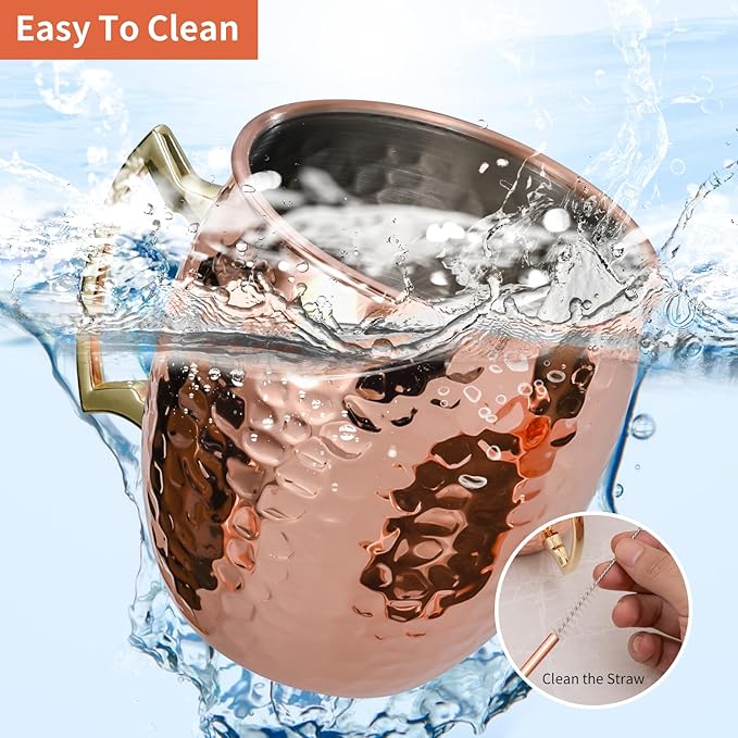 Moscow Mule Mugs Set of 4, 16 OZ Hammered Copper Cups with 304 Stainless Steel Lining and Gold Brass Handles, Includes Straws, Opener, Jigger, Brush, Fit for Cold Drinks, Bars, Parties