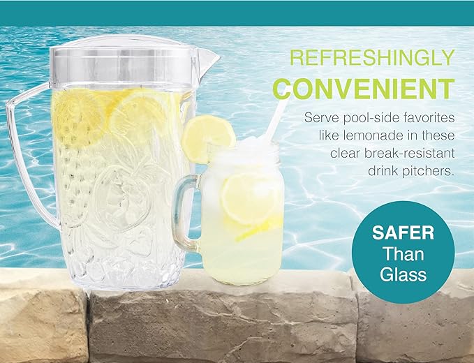 Arrow Home Products Clear Plastic Beverage Pitcher with Lid, 76 Ounce - Thick-Walled Fruit Design, Made in the USA - Fill with Ice Water, Iced Tea or Juice - BPA Free, Dishwasher Safe