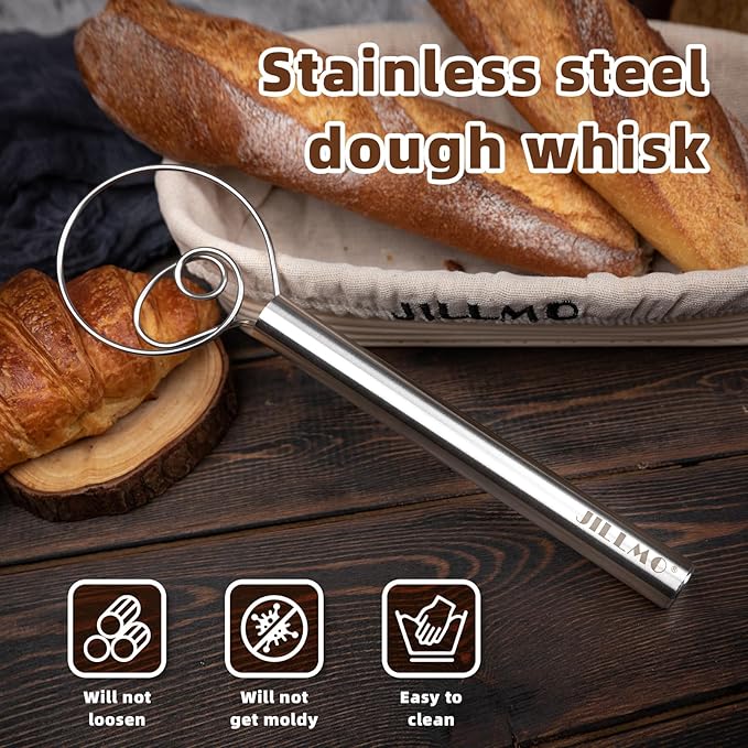 Jillmo Danish Dough Whisk, 12inch Stainless Steel Bread Whisk
