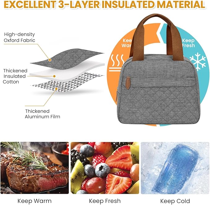 Insulated Lunch Bag for Women, Portable Lightweight Lunch Box for Adults, Reusable Small Lunch Tote Cooler Bags with Front Zipper Pocket for Work School Picnic(Gray)