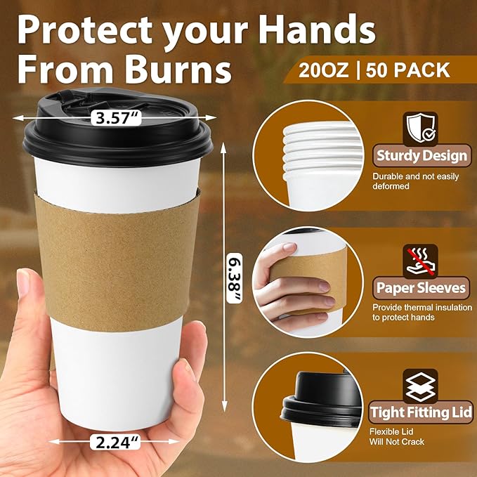 50 Pack 20 oz Disposable Coffee Cups with Lids and Insulated Sleeves, Leak-free Paper and Sturdy Thick Paper Hot to Go Coffee Cups with Lids for Cold/Hot Beverage (White)