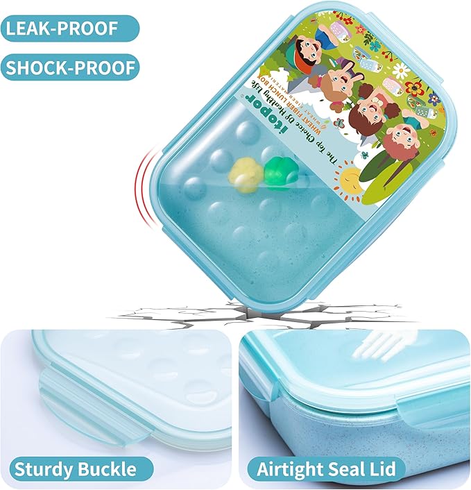 Wheat Straw Lunch Box, Leakproof 3-Compartment Bento Box for Kids & Adults, BPA-Free, Microwave & Dishwasher Safe, 5.5 Cup/1400 ml, Blue