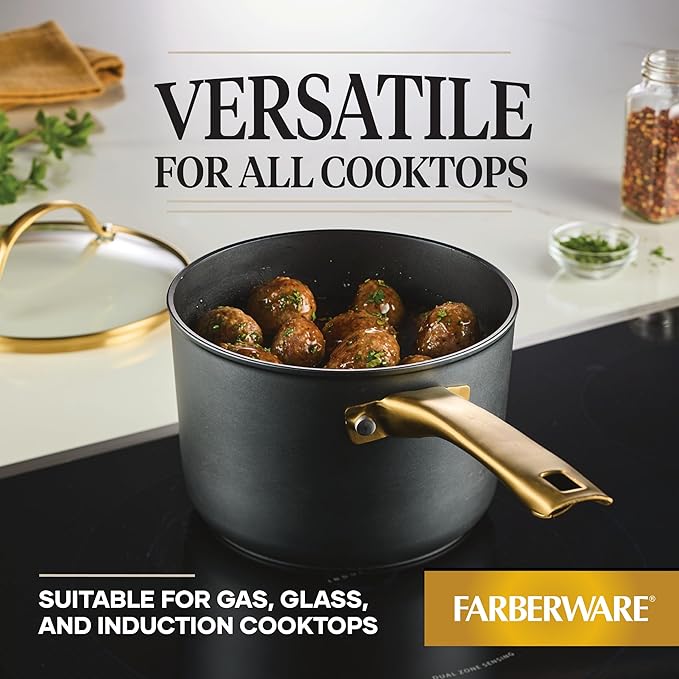 Farberware Forged Induction Ceramic Cookware Nonstick Saucepan with Lid, Dishwasher Safe, Suitable for All Stovetops, 3 Quart Sauce Pan - Black and Gold