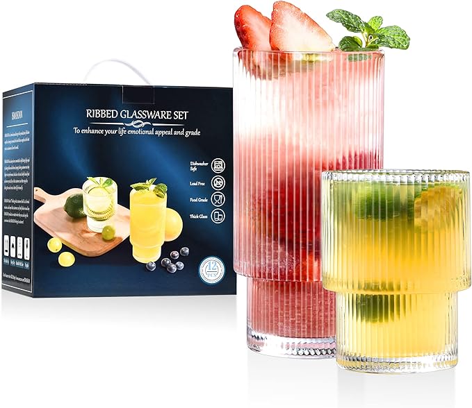 Small Ribbed Glassware Set of 12, Glass Cups 12 oz and 7 oz, Fluted Glassware, Stackable Glasses, Cups for Kitchen, Gift Box Set