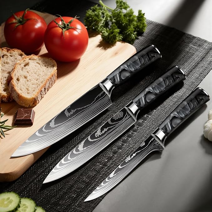 10-Piece Premium Japanese Kitchen Knife Set - Imperial Collection, Laser Damascus Pattern, 440A Stainless Steel Ultra Sharp for Fast Cutting