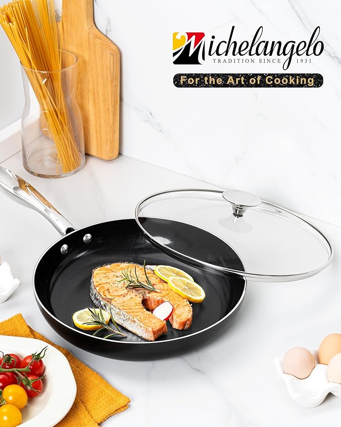 MICHELANGELO Non Stick Frying Pan - 12 Inch Frying Pan Nonstick with Lid, Large Fry Pan Induction Compatible, Black Ceramic Skillet with Lid