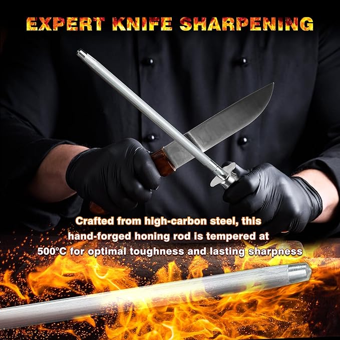 Knife Sharpener Rod, Kitchen Knives Sharpener Carbon Steel Professional Knife Sharpening Steel, Honing Rod with Hanging Holes (13 inches), W