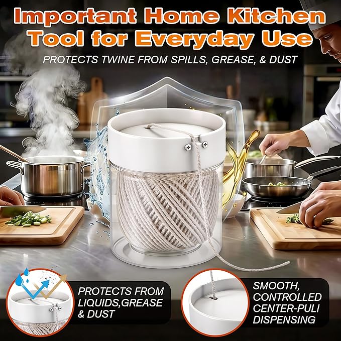Kitchen Twine with Acrylic Twine Dispenser, 2 Pack 216FT Cooking Twines (2MM Natural Cotton), Food Safe Butchers Twines for Meat Cooking, Baking, Crafts, Gift Wrapping & Kitchen String Storage