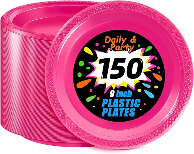 WELLIFE Hot Pink Party Plates 9 Inch -150 Count, Disposable Plastic Dinner Plates for Party Valentine's Day Girls' Birthday Baby Shower Wedding