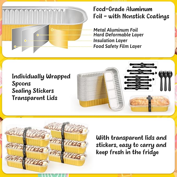 selizo 60 Pack 6.8oz Mini Loaf Baking Cake Pans with Lids, Rectangle Disposable Aluminum Foil Loaf Baking Pans, Small Baking Cake Tins Cup Cake Containers for Individual Cakes (Gold)