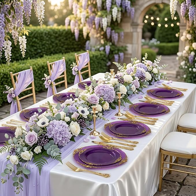 102PCS Purple and Gold Plastic Plates - High End Purple Disposable Plate Easter - Vintage Dinner & Dessert Plates for 51 Guests Birthday Easter Party Wedding