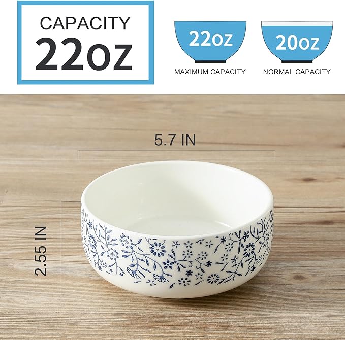 Cereal Bowls Set of 4, Large Soup Bowls 22oz, Blue and White Ceramic Serving Bowl for Oatmeal Salad Rice Pho Dinner, Microwave & Dishwasher Safe Bowl, Japanese Style