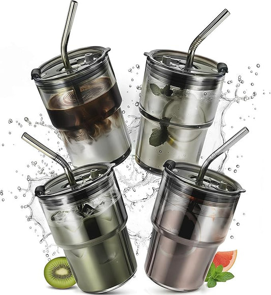 4 Packs Glass Tumbler with Lid and Straw Ice Coffee Cup Kitchen Gadgets Seller Apartment Essentials New Home Must Haves Things Stuff Accessories House Warming Housewarming Hostess Host First Gift