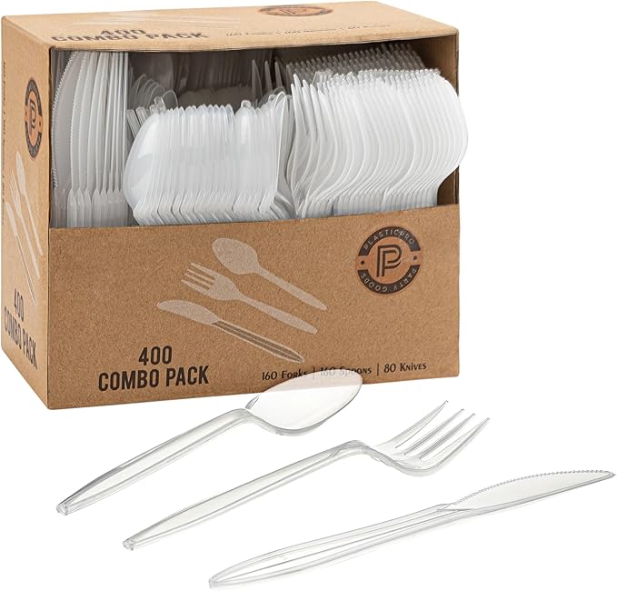 PLASTICPRO 400 Pack Disposable Plastic Utensils Assorted Colored Cutlery Combo Set Forks Spoons Knives Silverware, Transparent Plastic Cutlery for Parties