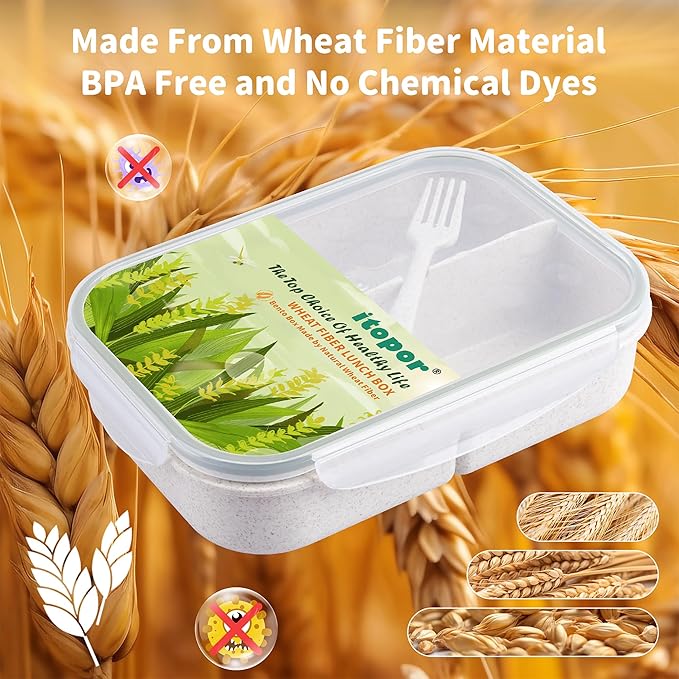 Wheat Straw Lunch Box, Leakproof 3-Compartment Bento Box for Kids & Adults, BPA-Free, Microwave & Dishwasher Safe, 5.5 Cup/1400 ml, White