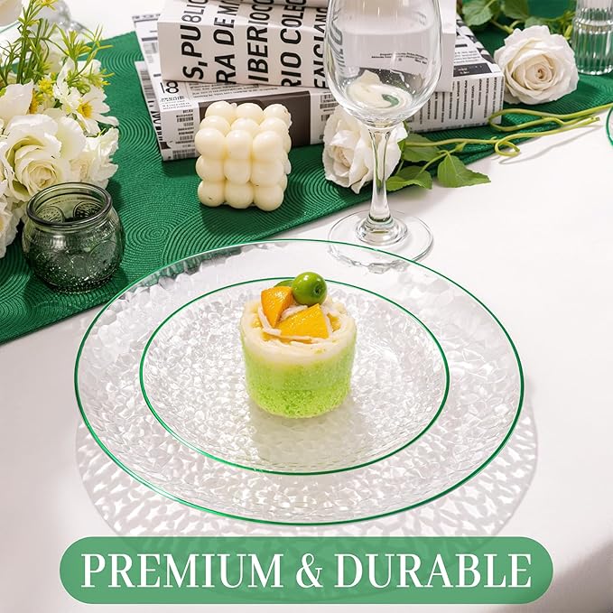 Rubtlamp 60Pcs Easter Plastic Plates Plates, Clear Plastic Disposable Plates With Green Rim, Green Heavy Duty Fancy Hammered Party Plate Include 30 Dinner Platos,30 Salad Platos for Party Spring
