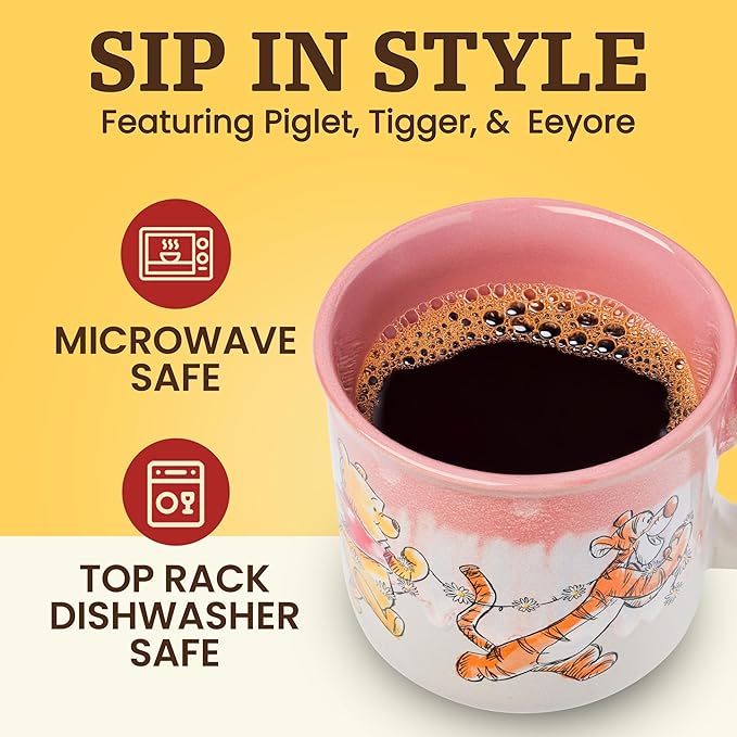 Silver Buffalo Winnie the Pooh Featuring Piglet, Tigger, and Eeyore Reactive Glaze Ceramic Camper Mug, 20 Ounces
