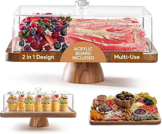 Acacia Wood Cake Stand with Lid - Rectangular Cake Holder, 2-in-1 Dessert Table Display Set & Charcuterie Board for Cheese, Chips, Fruit Platter, Large Acrylic Cake Dome Cover, No Glass