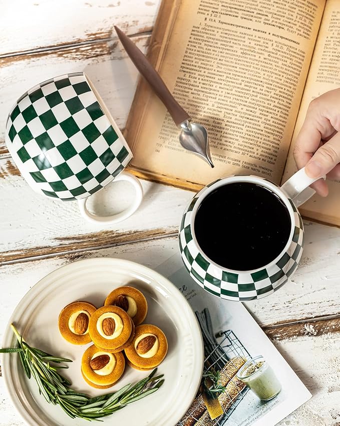 LAUCHUH 18oz Coffee Mugs, Large Coffee Cups Ceramic Checkered Cappuccino Cups with Handle Mug Set of 6 for Mother's Day, Tea, Cocoa, Milk, Green and White
