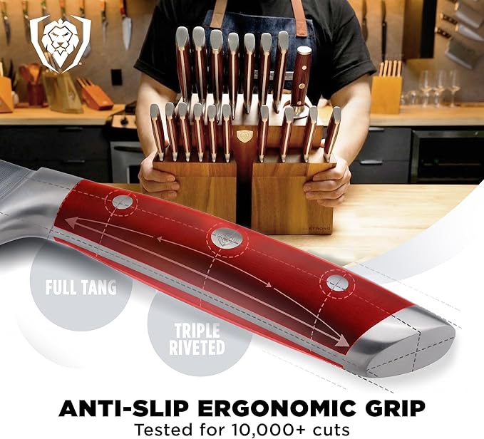 Dalstrong 18-Piece Kitchen Knife Set Block - High Carbon German Steel Full Tang - Acacia Wood Knife Block Set - Red Handles ABS Gladiator Series - Professional NSF Knives set for Kitchen Cuchillos