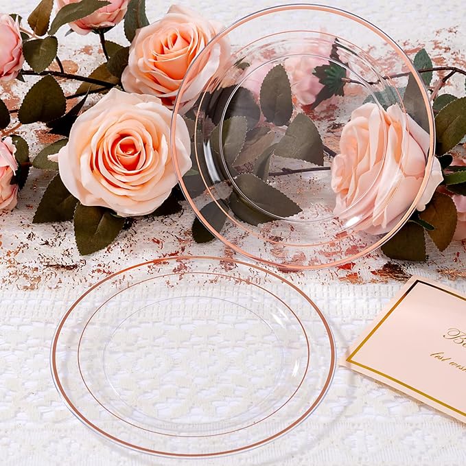bUCLA 100PCS Clear Rose Gold Plastic Plates Disposable - Heavy Duty 6.25 Inch Clear Plastic Dessert Plates with Rose Gold Trim - Ideal for Party, Wedding & Mother's Day