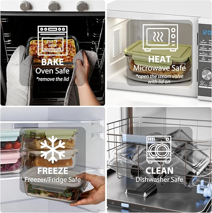 5 Pack 20oz Glass Meal Prep Containers with Air Vent Lids, Borosilicate Glass Food Storage Container with Snap Airtight Lids for Lunch, Food Prep, Microwave, Oven, Freezer & Dishwasher Safe, BPA-Free