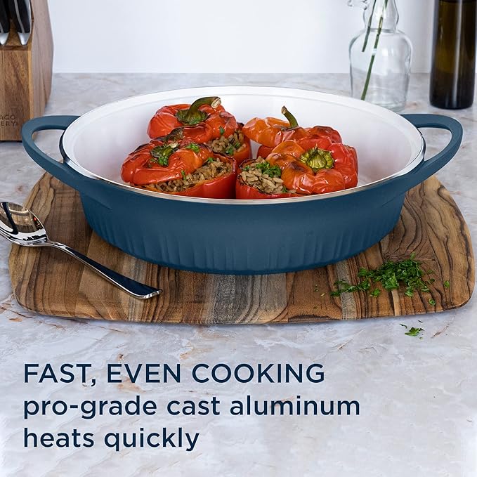 CorningWare QuickHeat 4-QT Cast Aluminum Braiser With Lid, Nonstick Ceramic Interior, Lightweight and Fast Even Heat Baking & Cooking, For Meats, Soup, Browning, Searing, French Navy