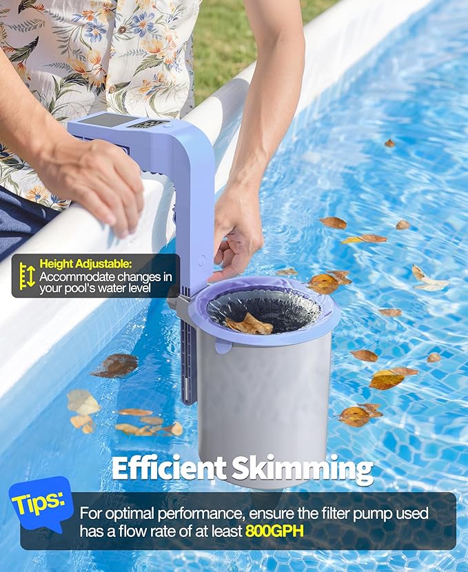 Newly Above Ground Pool Skimmer with Solar Digital Thermometer, Wall Mount Surface Skimmer with Adjustable Height Bracket, Auto Skimming for Pool Surface Floating Leaves & Debris-Lavender