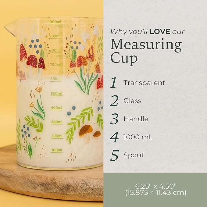 Steel Mill & Co Mushroom Measuring Cup for Liquid, Glass Beaker, Cottagecore/Hippie/Fairycore Kitchen Accessories, Mushroom (1000mL)