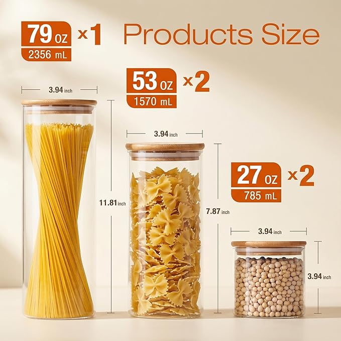 Glass Jars with Bamboo Lids [Muti Size Set of 5], Glass Canisters with Airtight Lids, Glass Food Storage Containers for Pasta, Oats, Coffee, Flour, Sugar, Rice, Best for Kitchen & Pantry