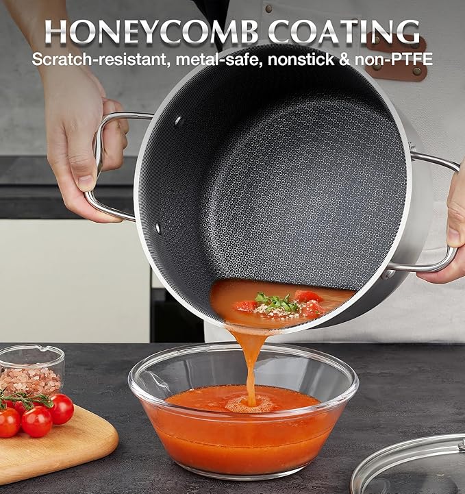 KOCH SYSTEME CS Tri-ply Stainless Steel Stock Pot, 8-Quart Nonstick Hybrid 18/10 Stainless Steel Pot with Lid, Soup Pots with Nonstick Honeycomb Interior, Compatible with All Cooktops, Oven Safe