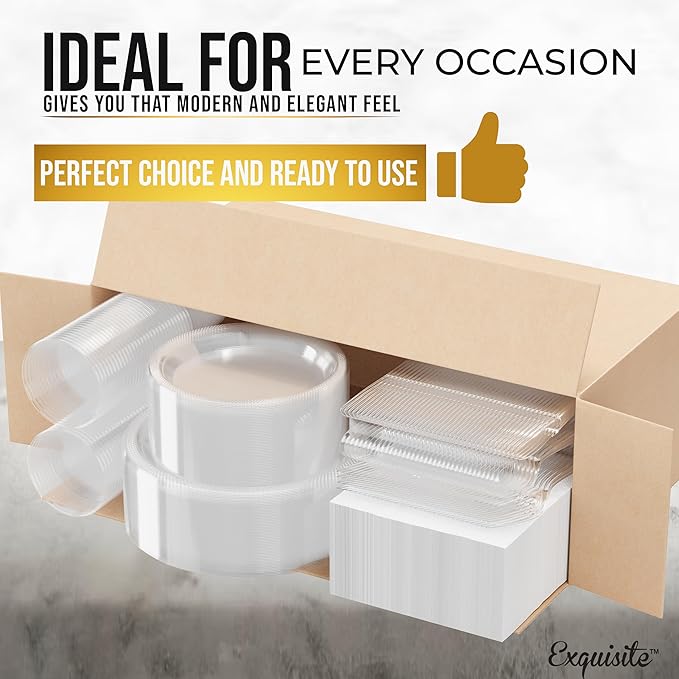 350 Pcs Clear Plastic Plates For Party, Clear Disposable Plates Set, 50 Of Each 9" Dinner Plate Set, 7" Dessert Plate, Cups, Napkins & Cutlery Plastic Dinnerware Set Exquisite