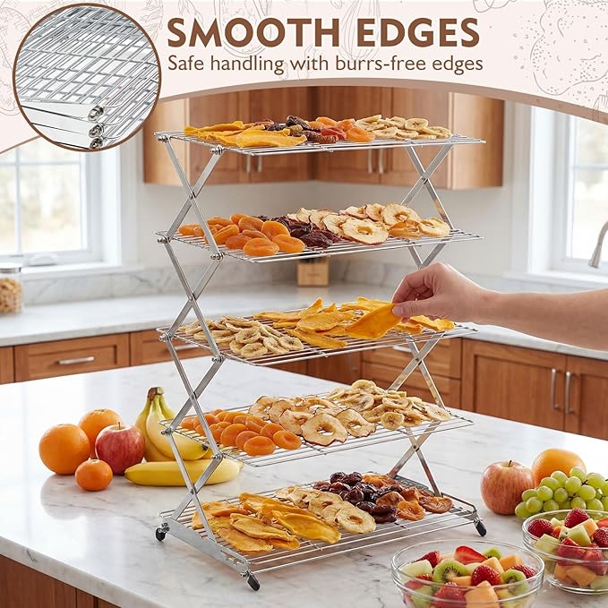 Novabright Cooling Rack for Baking, 5-Tier 16" x 10" Collapsible Stackable Food Grade Stainless Steel Wire Rack for Cookies, Cake, Bread, Pizza, Kitchen Countertop Space Saving