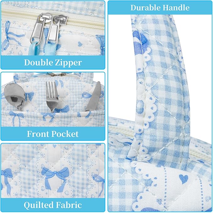Quilted Lunch Box for Women,Coquette Aesthetic Lunch Box for Teen Girls,Cute Floral Lunch Bags for Work, School,Office,Picnic,Travel (Blue Bow)