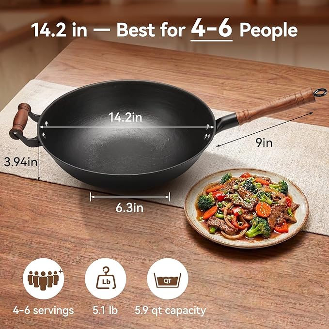 WANGYUANJI Cast Iron Wok Pan with Lid, 14.2 Inch Flat Bottom Uncoated Stir Fry Skillet, Large Heavy Duty Chinese Iron Pot for Family Cooking, Induction & Gas Safe