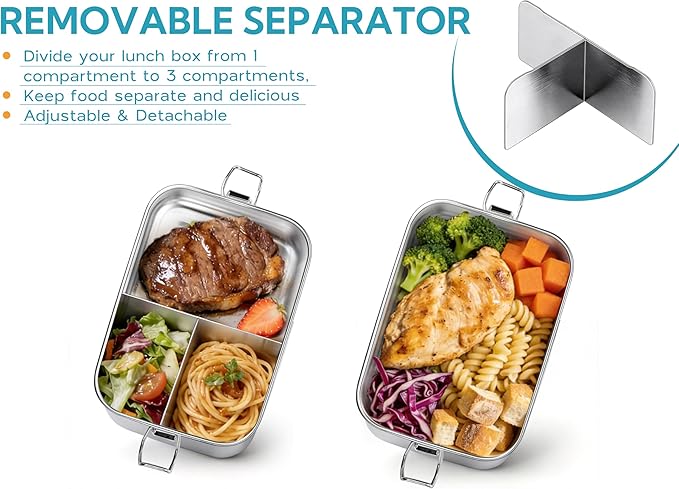 E-far Stainless Steel Bento Box, 28oz Metal Lunch Bento Box w/Leak Proof Lid, 850ml Small Food Container w/Removable Divider & Bag, Reusable 3-Compartment Bento Lunch Container for Camping Picnic