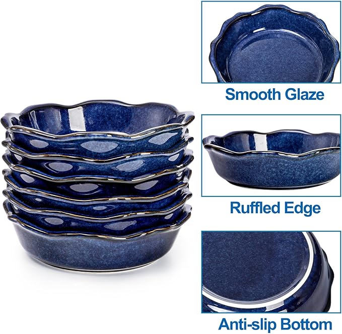 Peohud 6 Pack Ceramic Mini Pie Pans, 6 Inch Small Blue Pie Plate, 12 Oz Individual Pie Dish, Round Pot Pie Baking Dishes with Ruffled Edge for Dessert, Apple Pie, Microwave, Oven Safe